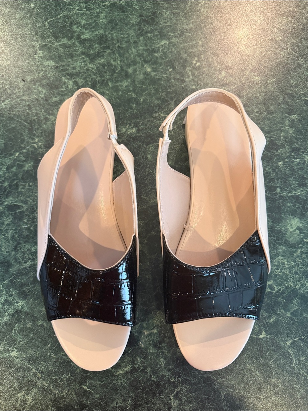 Two-Tone Slingback Sandals in Beige and Black Croc